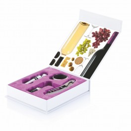 Zestaw do wina 4 el. w pudełku magnetycznym, akcesoria do wina: nóż kelnerski, zatyczka, nalewak i obręcz na butelkę