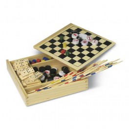 Zestaw 5 gier w drewnianym pudełku: domino, mikado, szachy, warcaby, "Chińczyk"